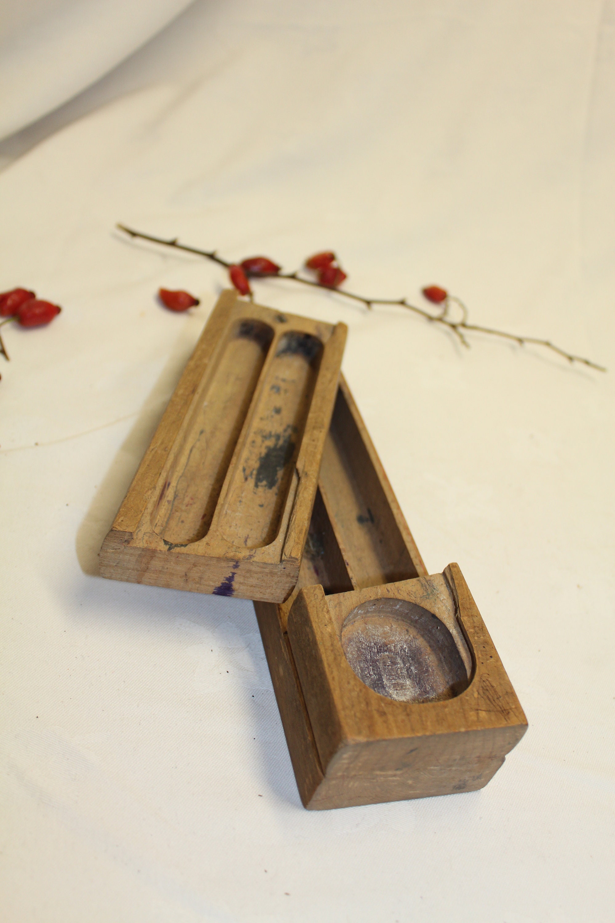 Français Boîte à Crayons Vintage en Bois de L'école avec Plateau Coulissant et Place Pour La Bouteil