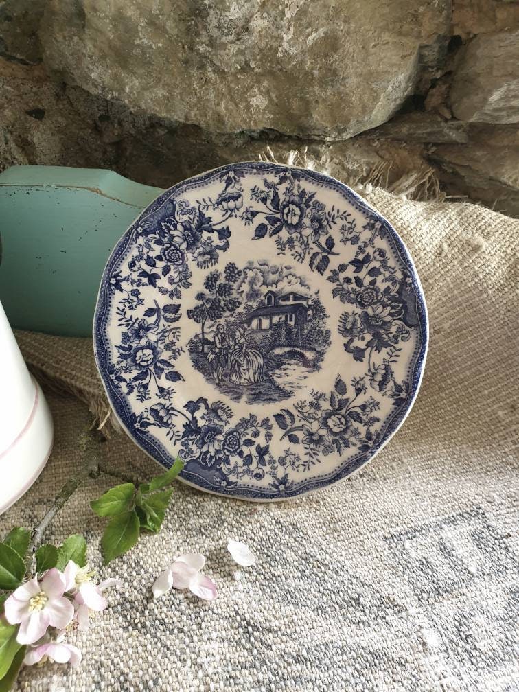 Vintage Français Blue Indigo Assiette Glacée/Ornée Ronde Plat en Pierre de Fer Undergazemas Day