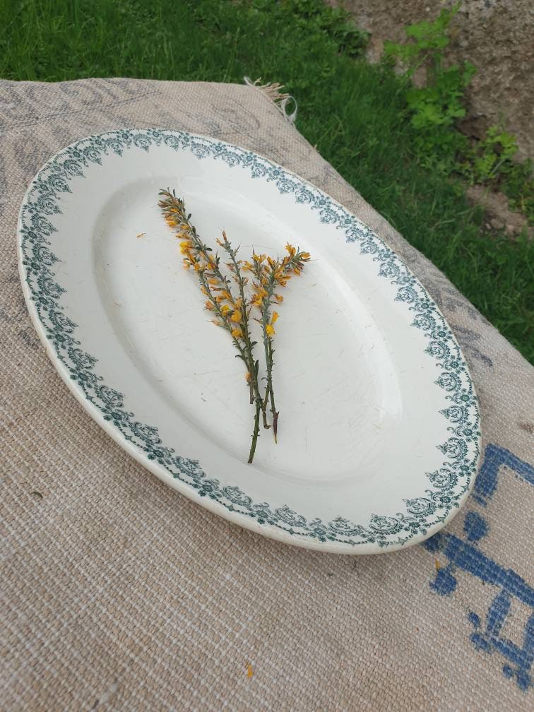 Antique Français Ironstone Dish Boulenger/Transfer Decor Tea Stained Big Oval Assiette de Service Pl