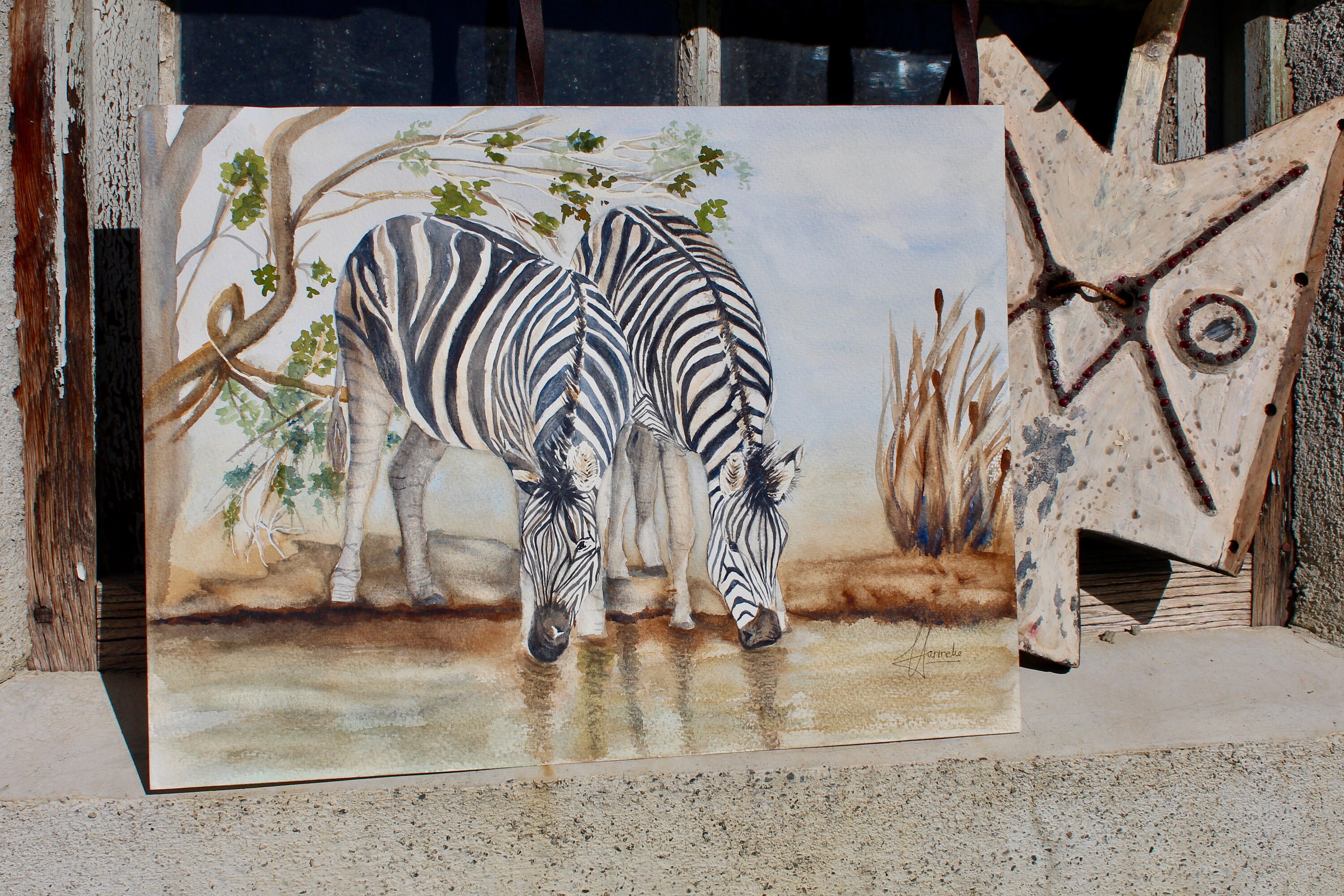 Aquarelle Originale Vintage Peinture Magnifiquement Exécutée Paysage Africain avec Des Zèbres à Boir