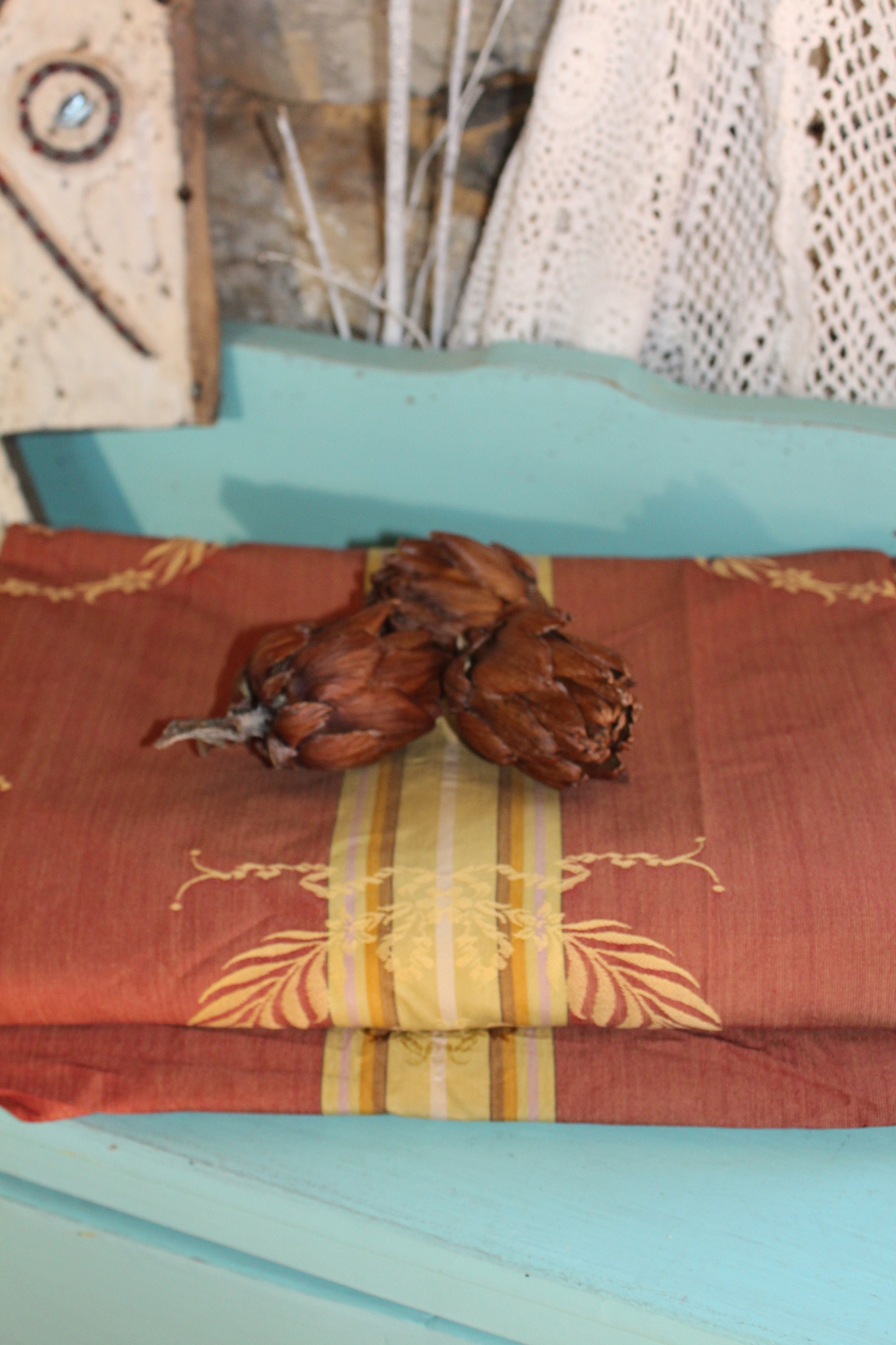 Vintage Rare Coton Soie Vieux Rideau Beau Motif de Couronne Élégant Français/20Ème Siècle Livraison 