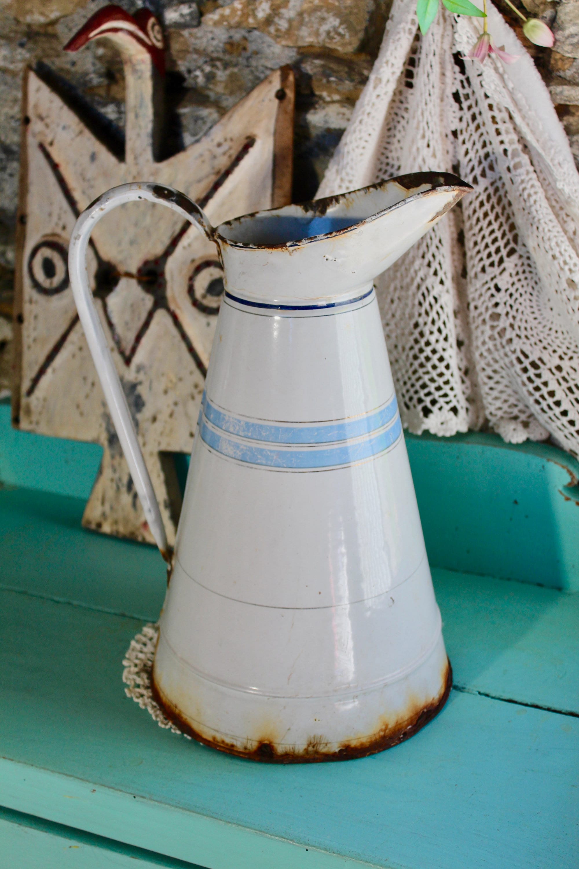 Français Émail Antique Jug/Rustic Broc Pichet Vase Blue Stripes Decor Maison et Jardin