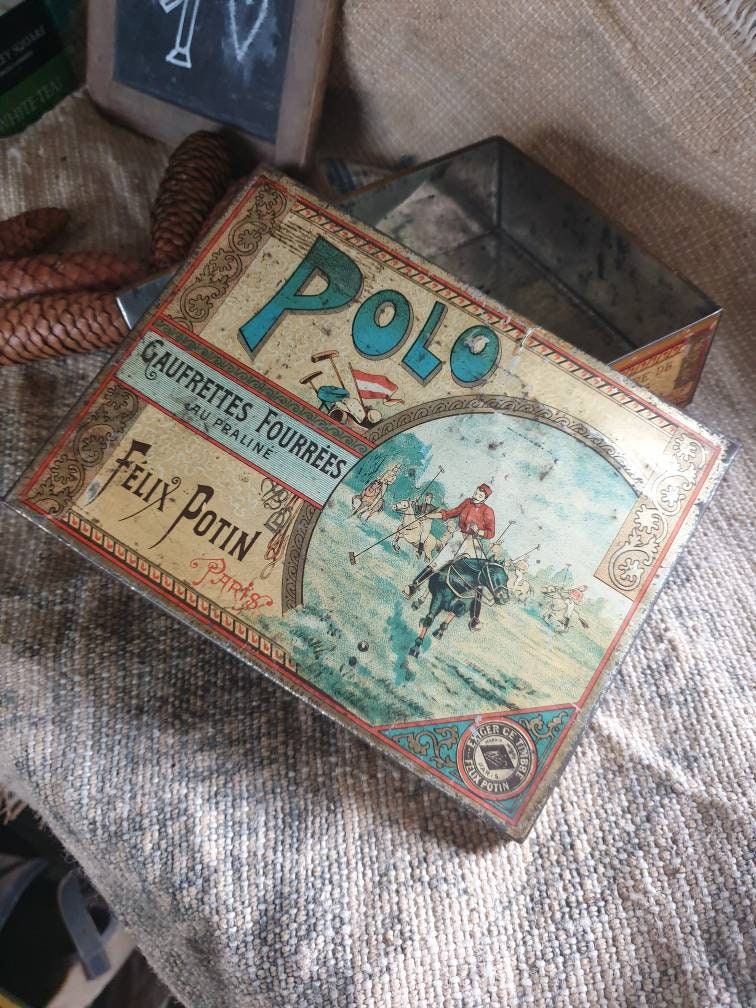 Vintage Français Tin/Felix Potin Sweets Waffles Gofrettes Polo Belle Image et Patine
