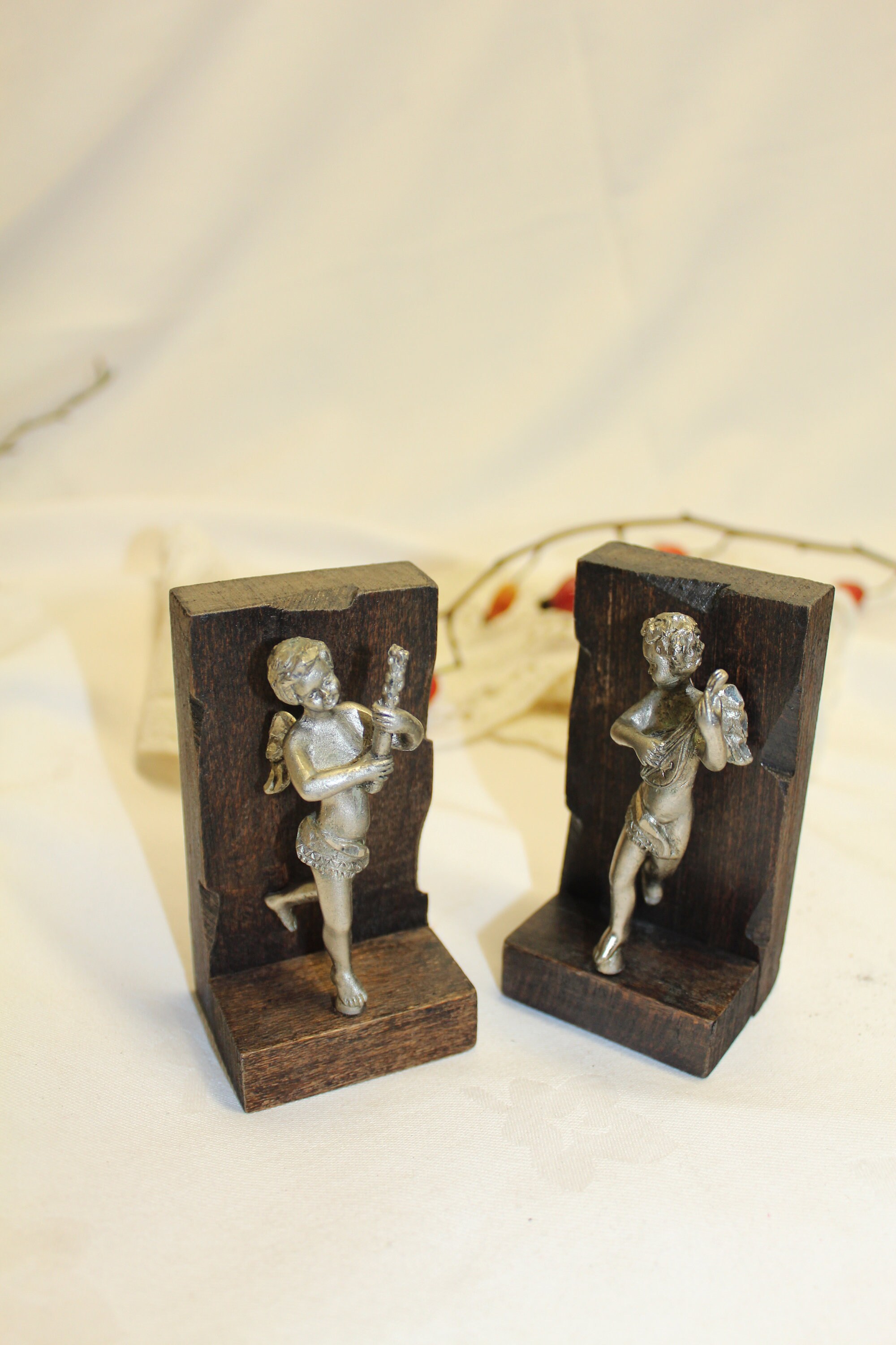 Vintage Bois et Argent Plaqué Bookends Étagère Décor Décoratif Bureau Livre Stand Fenêtre Décor