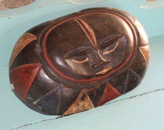 Authentique objet de culte africain, image de visage Eket ovale en bois sculpté art tribal/masque rituel