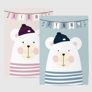 Kinderzimmer Tierposter | Kinderposter Bär | Namensposter Junge Mädchen| Geschenk Geburtstag Taufe - Kleiner Eisbär