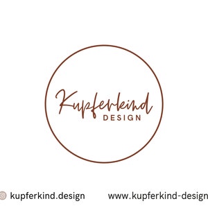 May include: A logo featuring the text "Kupferkind DESIGN" in a brown, handwritten-style font, enclosed within a brown circular frame. Below the logo are social media icons and website address.