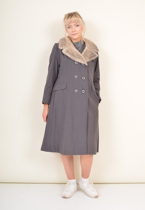 Vintage 60's | Fur Trim Wool Coat | Grey | SIZE S/