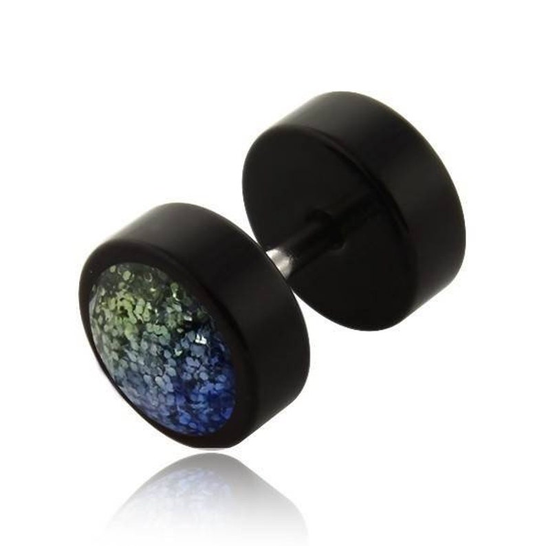Black acrylic fake Plug Stainless Surgical Steel faceted two tones glitter blue and green gem 8mm
