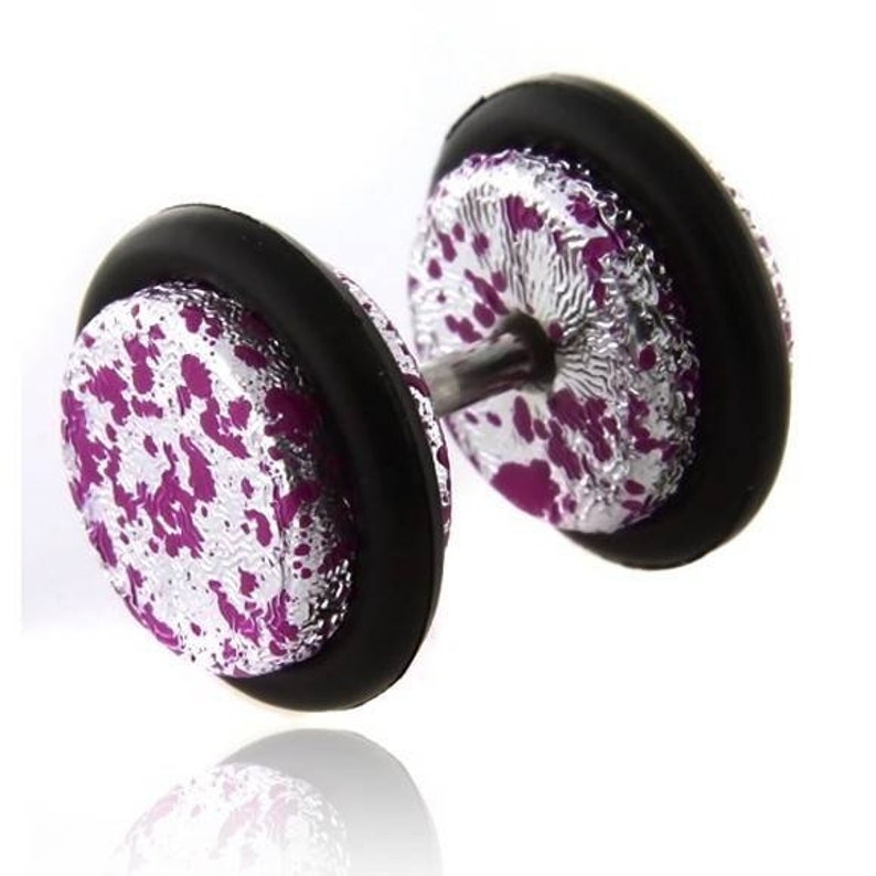 Acrylic fake Plug Stainless Surgical Steel sandblast silver and splatter fuchsia color 8mm