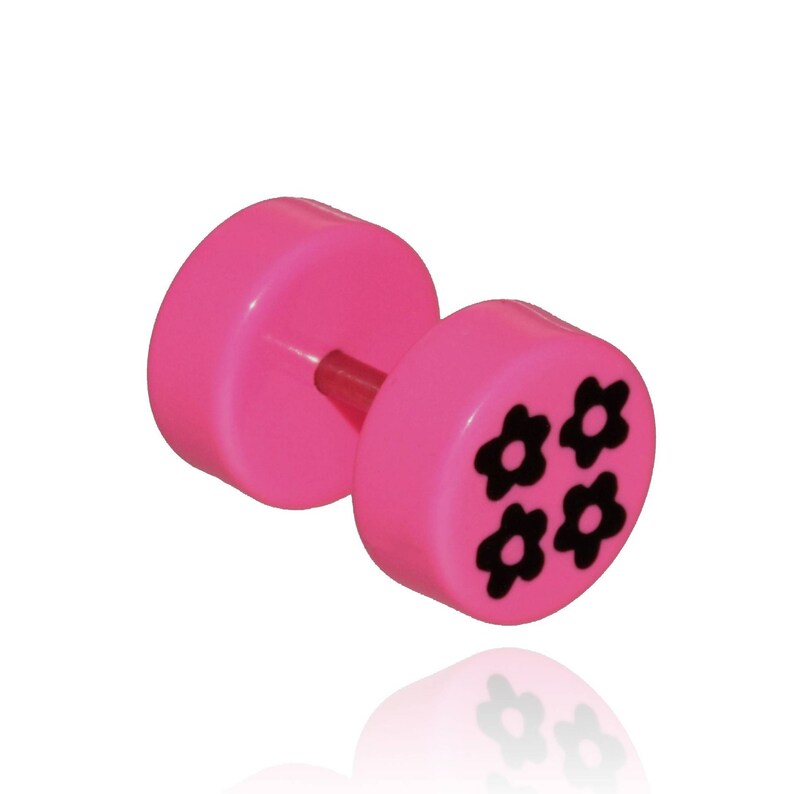 Acrylic fake Plug Stainless Surgical Steel inlay four flowers pink and black 8mm