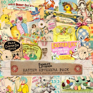 Vintage Easter Ephemera Junk Journal Printable Bundle, Retro Digital Scrapbook Graphics Fussy Cuts Kit, Easter Bunnies, Chicks Download