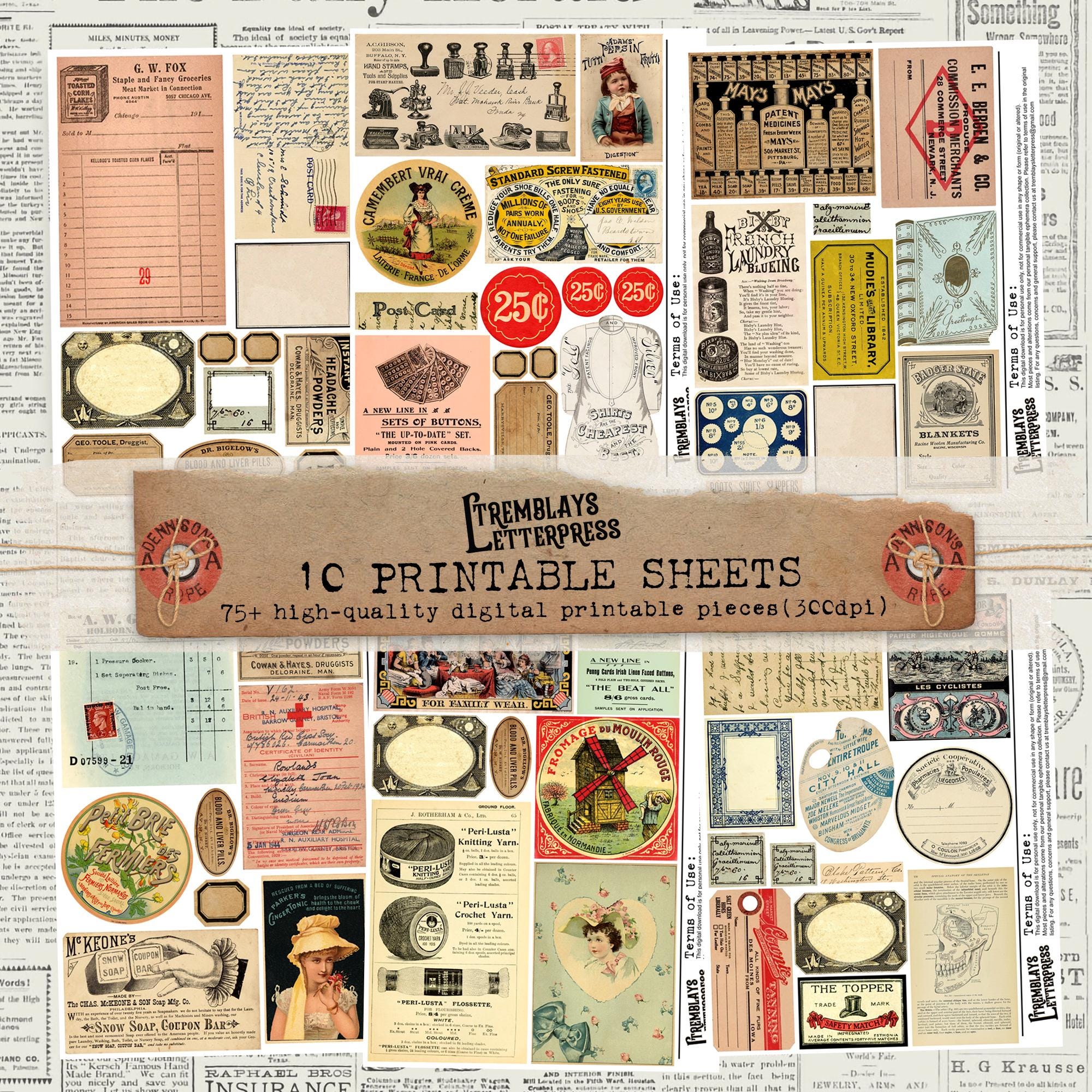 Vintage Junk Journal Ephemera Bundle Pack, Vintage Printable Collage ...