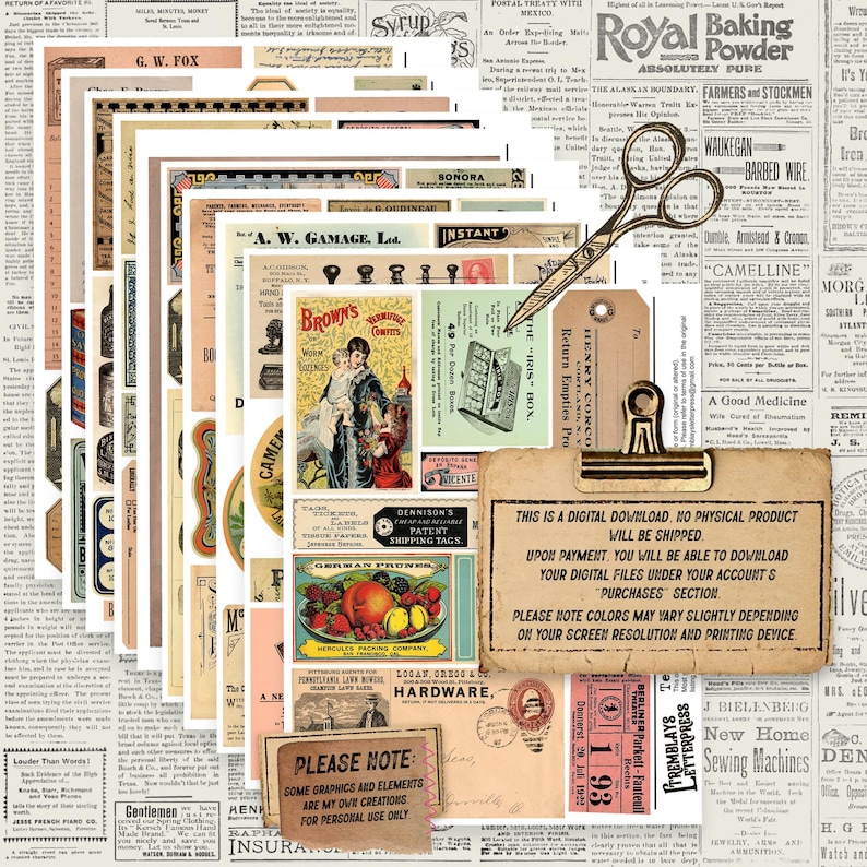 Vintage Junk Journal Ephemera Bundle Pack, Vintage Printable Collage ...