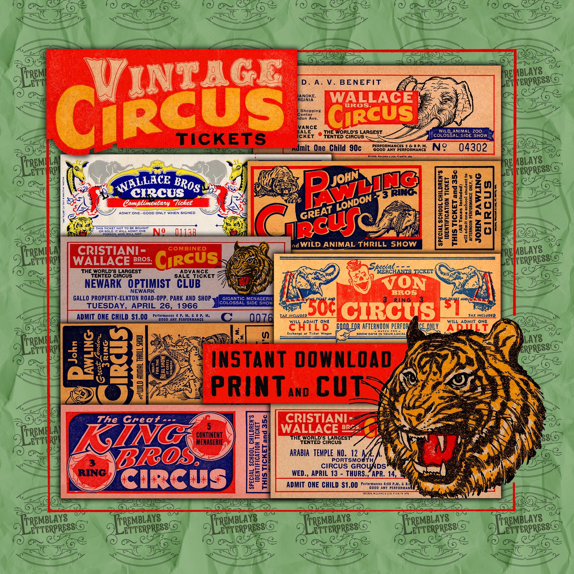 Vintage Circus Tickets 8PC Etsy