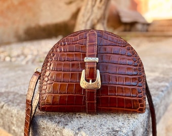 Brown Crocodile Effect Leather Half Moon Handbag