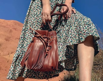 Vintage Brown Leather Bucket Bag with Fringes