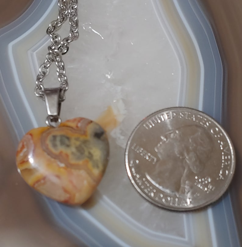 VALENTINE/'S DAY!! GORGEOUS Crazy Lace Agate Heart Pendant with Bail and 18 Stainless Steel Necklace