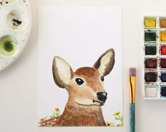 Watercolor baby deer print - Wild woodland fawn art print with flowers