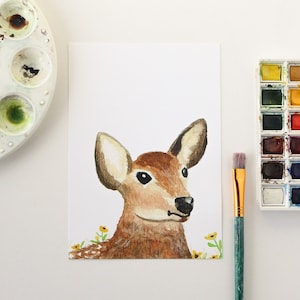Aquarel babyhertprint - Wilde bos fawn kunstprint met bloemen