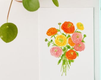 Buquê de Ranúnculos Brilhantes - Impressão artística de flores de Ranúnculo 5x7
