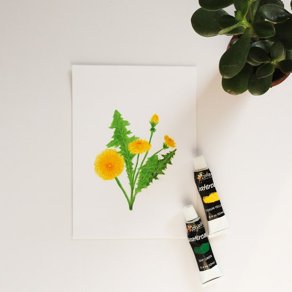 Botanical watercolor dandelion flower art print - 5x7