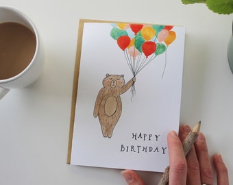 Bear with Balloons Happy Birthday Card - Cute Animal Birthday Card