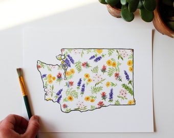 Washington state watercolor floral - Native flowers in the outline of Washington