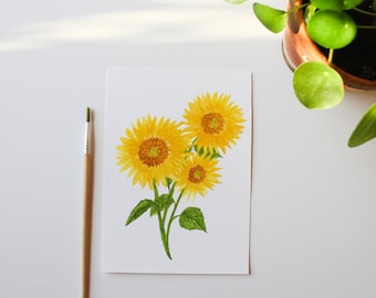 Happy yellow watercolor sunflower - 5x7 art print