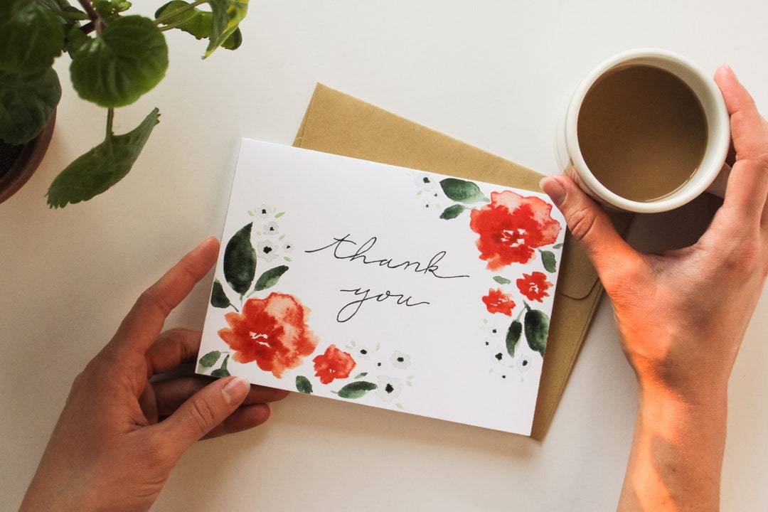 Floral Watercolor Thank You Card With Brown Envelope - Etsy