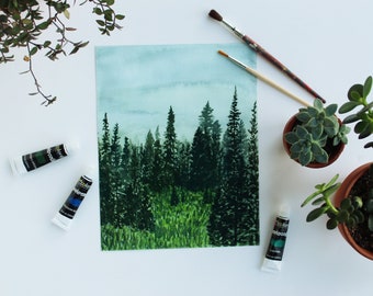 Pine tree watercolor art print - Handpainted pine forest watercolor