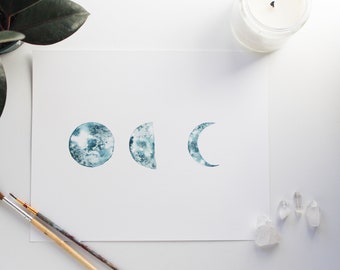 Blue watercolor moon phase art - Phases of the moon art print