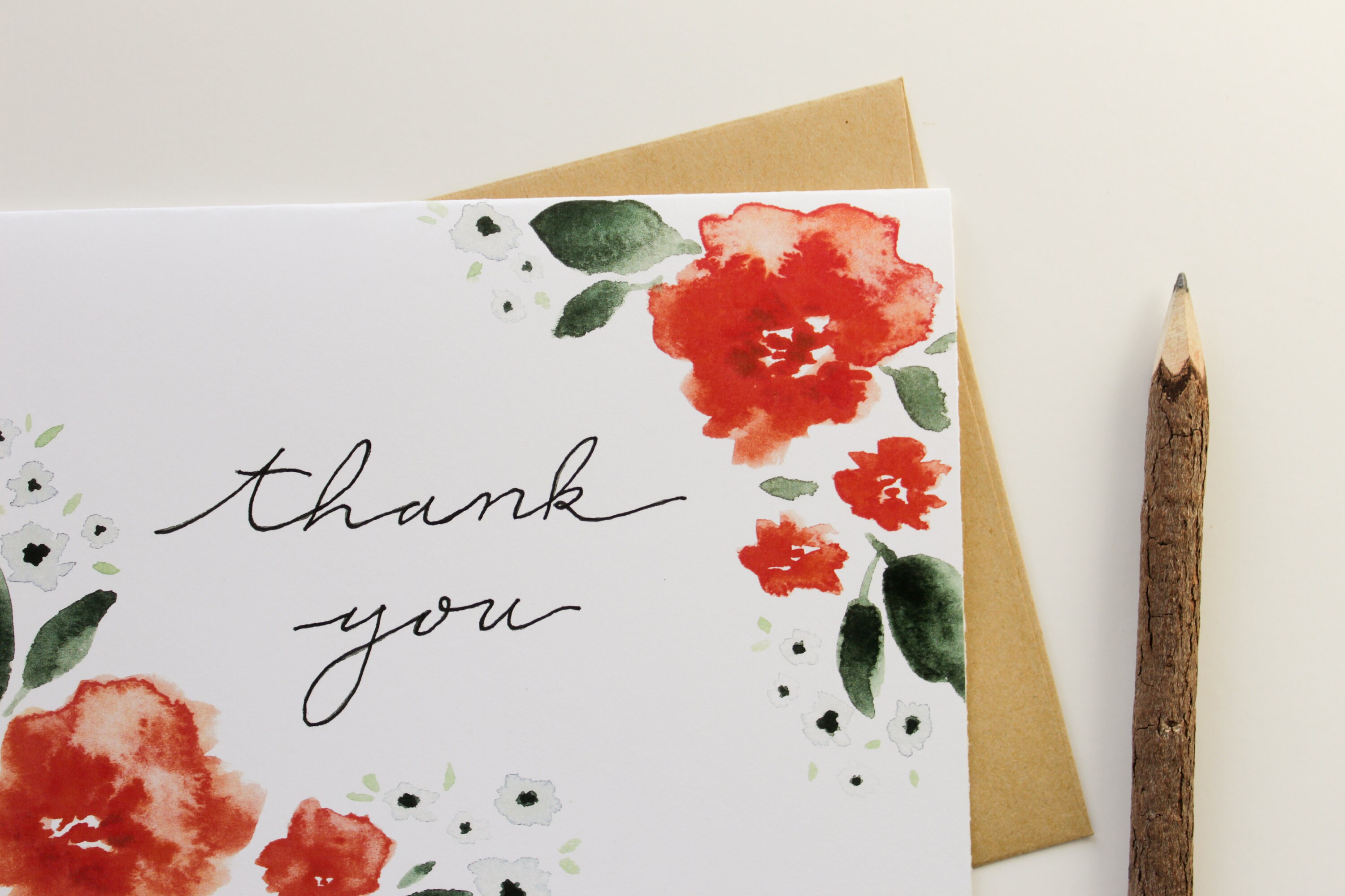 Floral Watercolor Thank You Card With Brown Envelope - Etsy