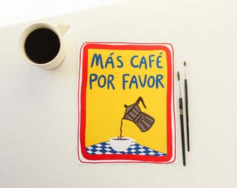 Plakat artystyczny „Mas Cafe Por Favor”: Kolorowy plakat z hiszpańską kawą