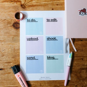 May include: A printable checklist with six colorful squares, each with a different task related to photography: to do, to edit, upload, shoot, send, and blog. Each square has a small camera icon in the bottom right corner.