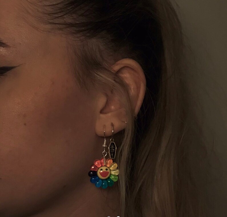 Takashi Murakami Inspired Silver Plated earrings Rainbow Smiley Flower Earrings sterling silver 925 hook