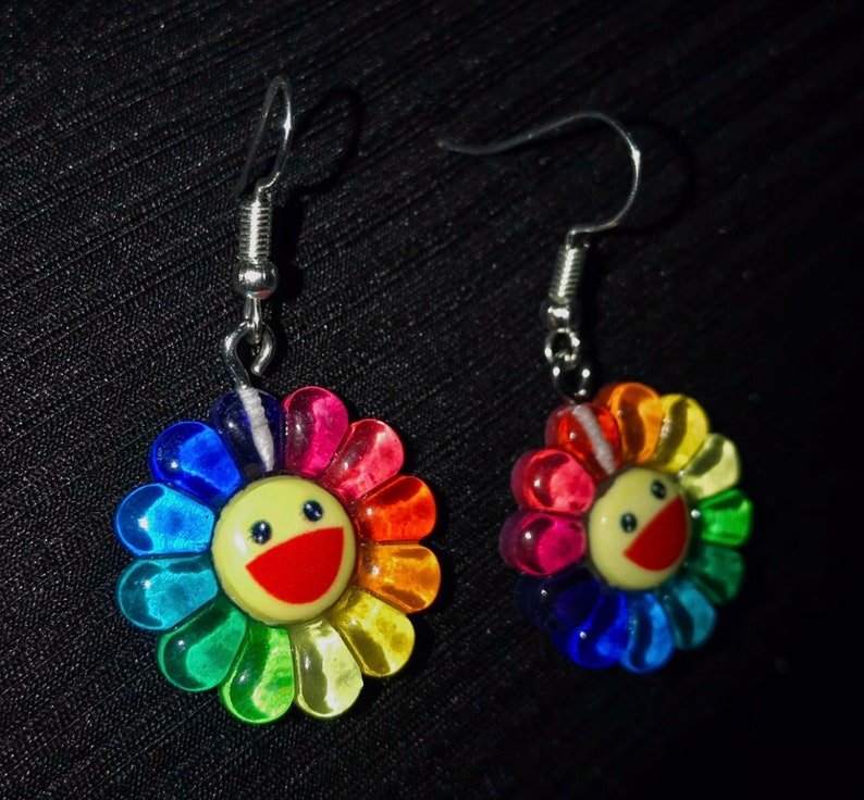 Takashi Murakami Inspired Silver Plated earrings Rainbow Smiley Flower Earrings sterling silver 925 hook