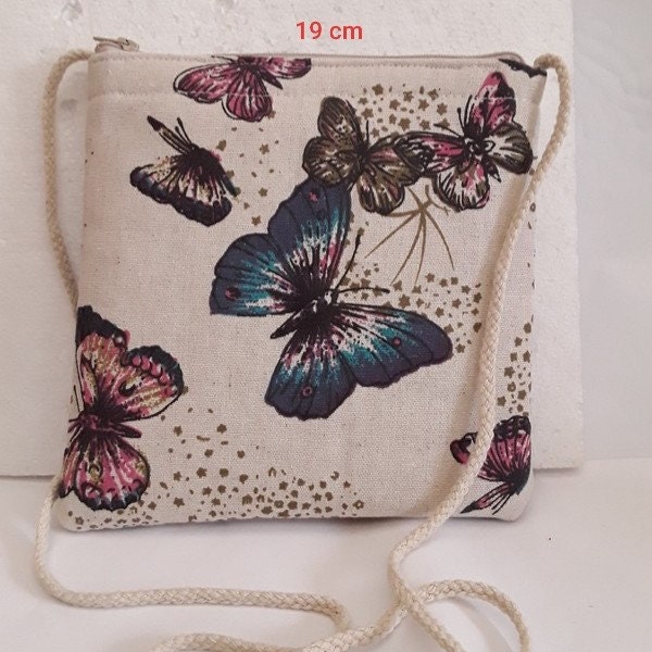 sac  épaule  coton papillons , coton, 19cm, doublé, poche, tirette, matelassé