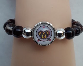 bracelet perles noires , brunes , brillantes  , extensible , ajustable , cabochon bouton pression verre marraine