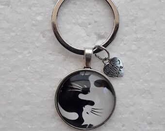 chaveiro, bolsa de joias, gatos, ying yang, preto, branco, metal, coração, óculos, 25 mm