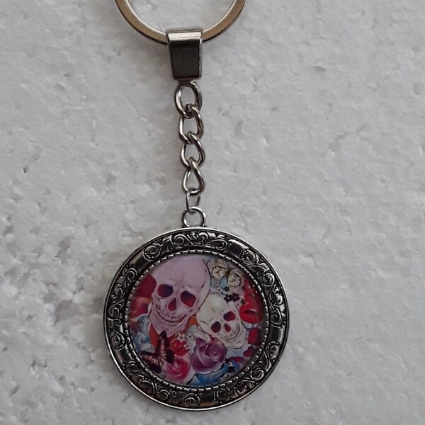 key ring, bag jewelry, colorful skulls, skulls, cabochon glass 3cm, ring