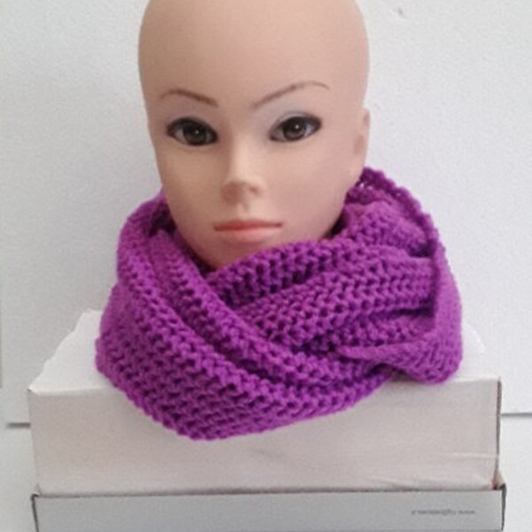 écharpe tricot lilas , étole , snood 2 tours , tour de cou , lilas , 120 cm /28 cm