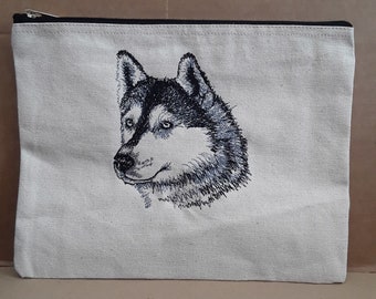 trousse, pochette écru, tirette, tete de husky, trousse coton 28/20cm haut