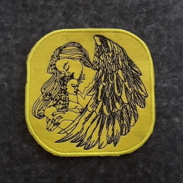 patch thermocollant ange et enfant , feutrine jaune, broder , 10 cm