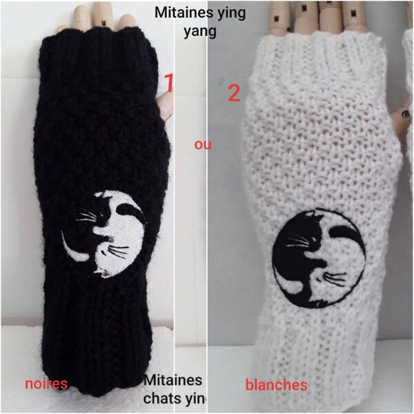 Mitaines , chats, chatons,  ying yang. Chats,  brodé 5 cm . Mitaines , laine,  noires ou blanches , ,  tricot 21cm,  point de blés,