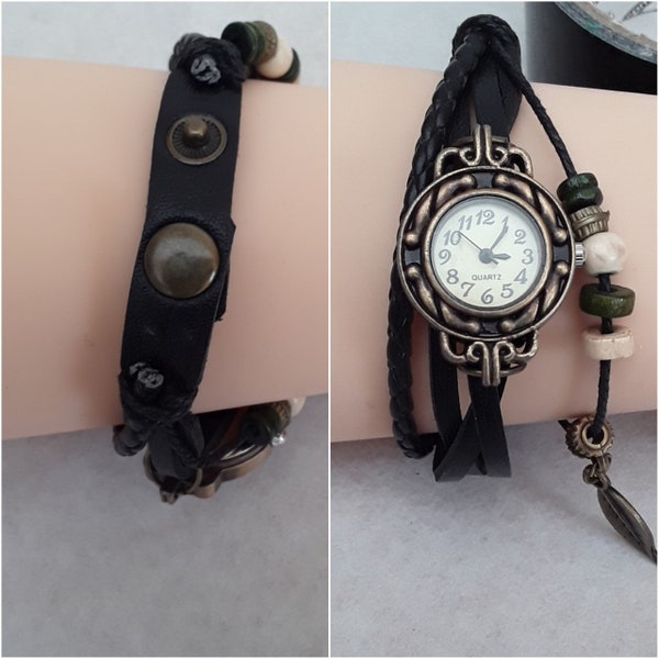 montre cuir , noir, breloques, , de 17 a  19 cm, cadran 2.5 cm verre, perles, feuilles, ajustable