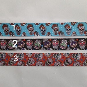 cotton grosgrain ribbon skulls skulls skulls flowers colorful, 25 mm, sold by the meter