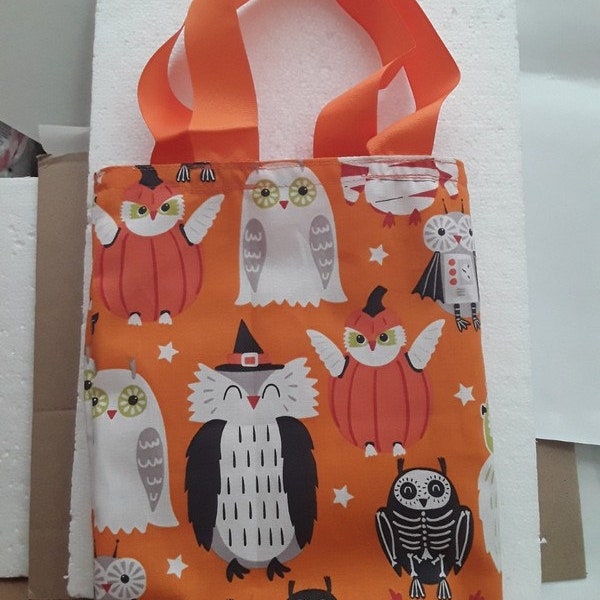 bag, cotton, printed with each cotton, owls, ghosts, 27H/23L/5Cm, orange laniéres