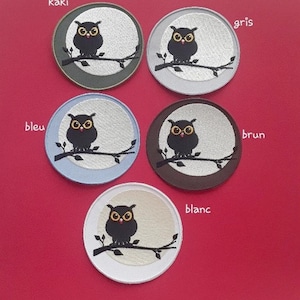 patch, badge, katoen, bruin, uil, uil, op tak, 10,5 cm, strijken, borduren,