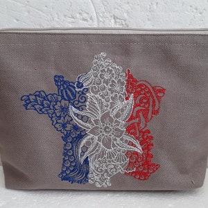 Kulturbeutel aus Baumwolle, Frankreich, Französisch, Karte von Frankreich; Ecrufarbenes Federmäppchen aus Baumwolle, gefüttert, Reißverschluss, 24/15/5 cm